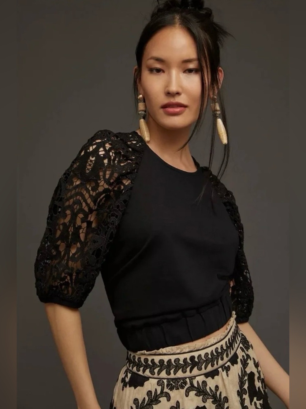 Anthropologie DOLAN Lace Puff Sleeve Crop Top
